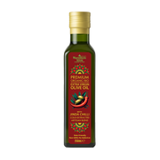 Bottle of premium organic olive oil with chili flavor on a white background