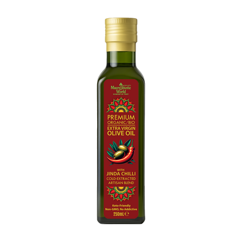 Bottle of premium organic olive oil with chili flavor on a white background