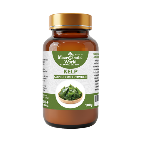 Bottle of Macrobiotic World Kelp Superfood Powder on a white background