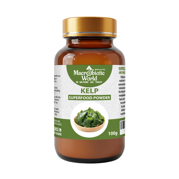Bottle of Macrobiotic World Kelp Superfood Powder on a white background