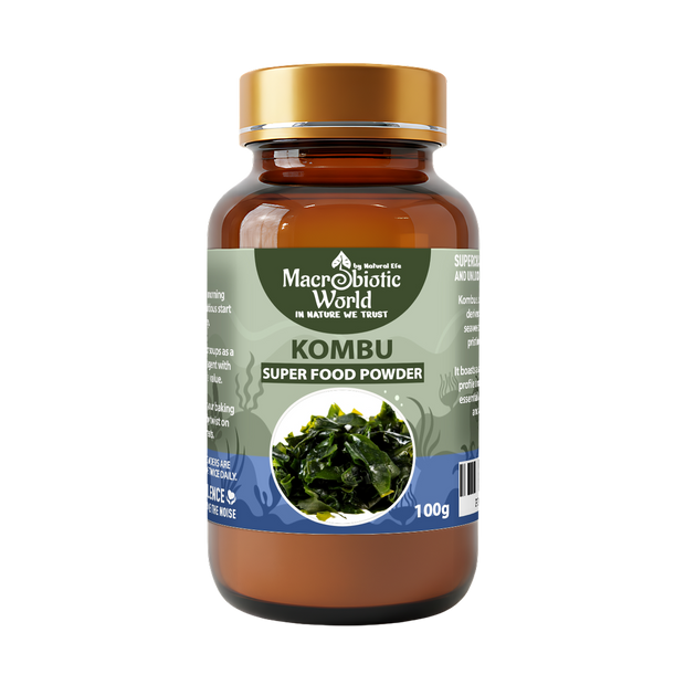 Bottle of Macrobiotic World Kombu Super Food Powder on a white background