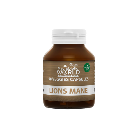 Bottle of Lions Mane capsules by Macrobiotic World on a white background