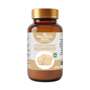 Bottle of Macrobiotic World Lion's Mane Superfood Powder on a white background