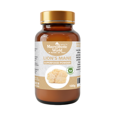 Bottle of Macrobiotic World Lion's Mane Superfood Powder on a white background