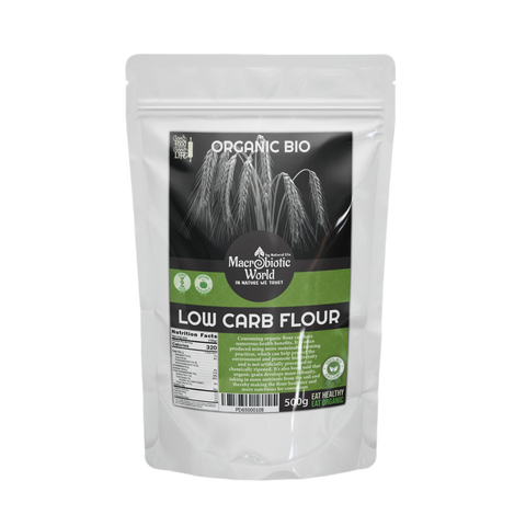 Package of Organic Bio Low Carb Flour with visible branding on a white background