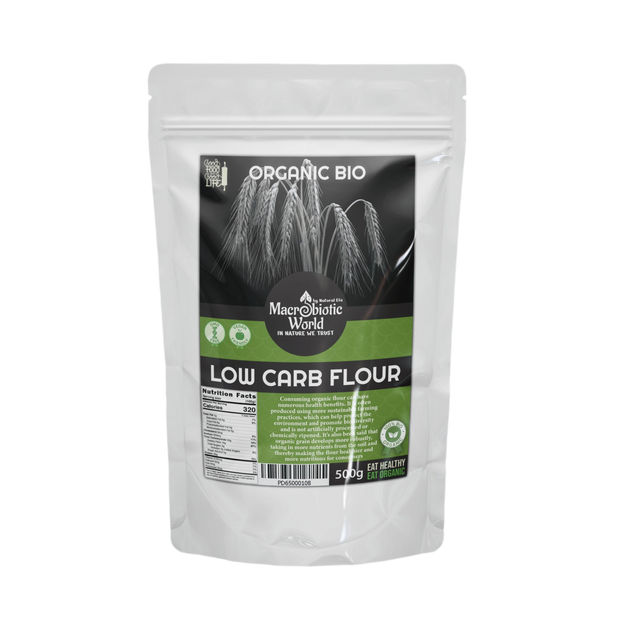 Package of Organic Bio Low Carb Flour with visible branding on a white background
