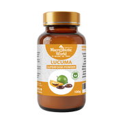 Bottle of Macrobiotic World Lucuma superfood powder on a white background