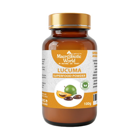 Bottle of Macrobiotic World Lucuma superfood powder on a white background