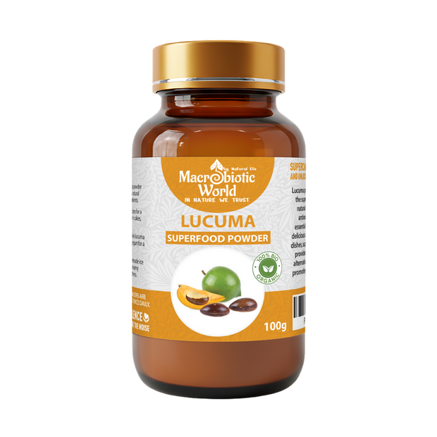 Bottle of Macrobiotic World Lucuma superfood powder on a white background