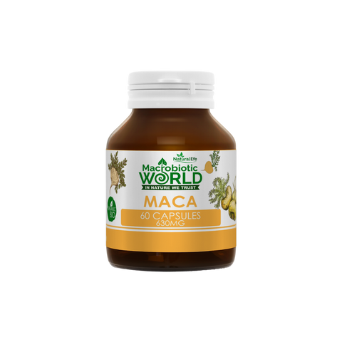 Bottle of Maca capsules from Macrobiotic World on a white background