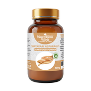 A brown glass jar labeled "Macrobiotic World Shatavari Asparagus Superfood Powder," with an image of asparagus roots. The label is beige and gold, conveying a natural, organic feel.
