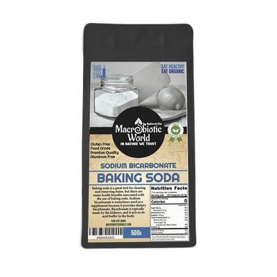Bag of baking soda with a label on a white background