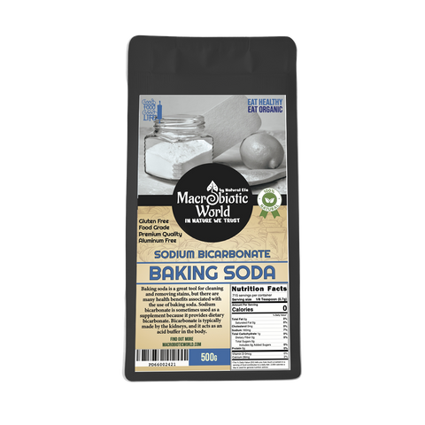 Bag of baking soda with a label on a white background