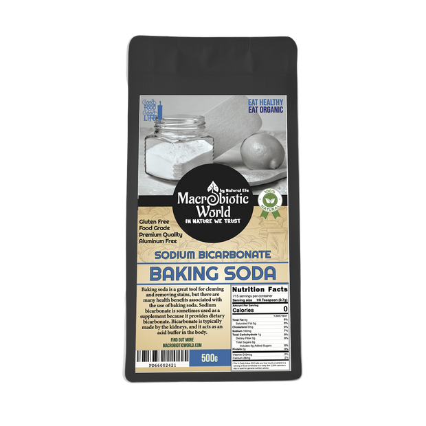 Bag of baking soda with a label on a white background