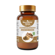 Bottle of Macrobiotic World Ashwagandha Superfood Powder on a white background