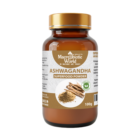 Bottle of Macrobiotic World Ashwagandha Superfood Powder on a white background