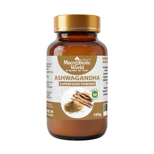 Bottle of Macrobiotic World Ashwagandha Superfood Powder on a white background