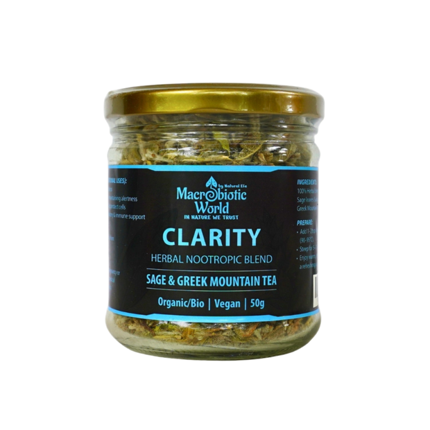 Glass jar of 'Clarity' herbal nootropic blend with a black label on a white background