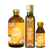 Three bottles of Macadamia World Brazil Nut oil with colorful labels on a white background