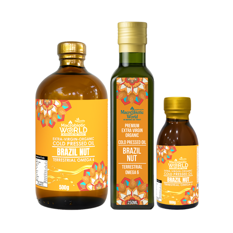 Three bottles of Macadamia World Brazil Nut oil with colorful labels on a white background