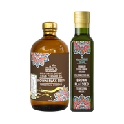 Two bottles of Macrolife World Brown Flaxseed Oil on a white background