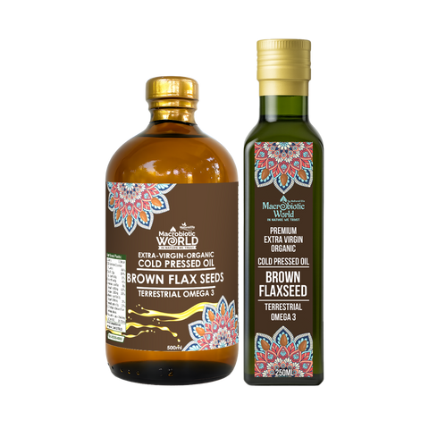 Two bottles of Macrolife World Brown Flaxseed Oil on a white background