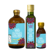 Three bottles of MacPherson World Chia Seeds oil with colorful labels on a white background