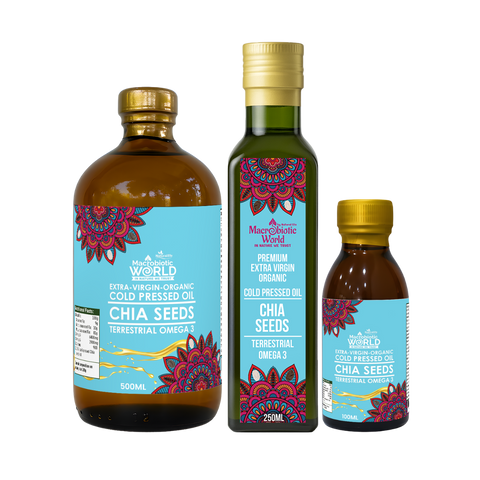 Three bottles of MacPherson World Chia Seeds oil with colorful labels on a white background