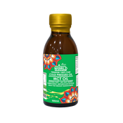 Bottle of MCT oil with a colorful label on a white background