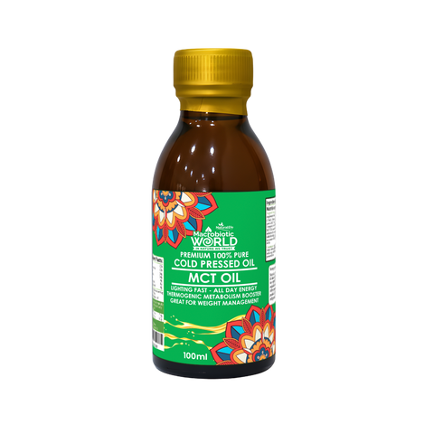 Bottle of MCT oil with a colorful label on a white background