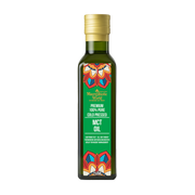 Bottle of MCT oil with a colorful label on a white background