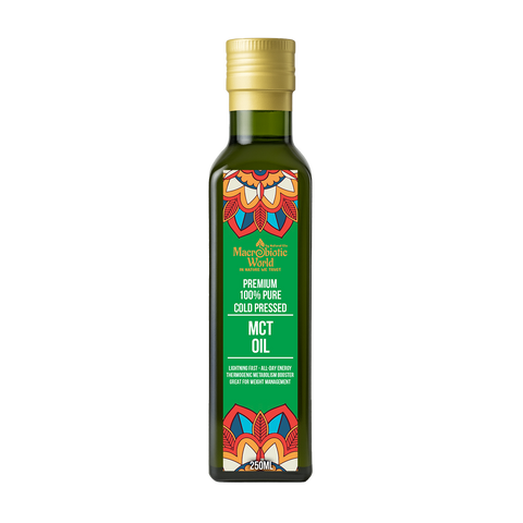 Bottle of MCT oil with a colorful label on a white background