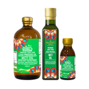 Three bottles of MCT oil with colorful labels on a white background
