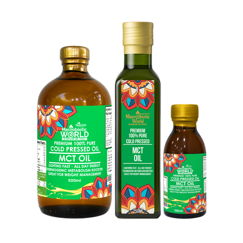 Three bottles of MCT oil with colorful labels on a white background