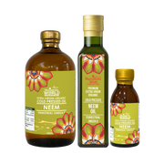 Three bottles of Manthan World Neem oil on a white background