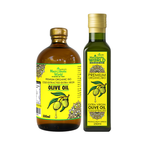 Two bottles of olive oil with labels on a white background