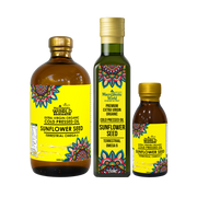 Three bottles of Macaotic World sunflower seed oil with colorful labels on a white background