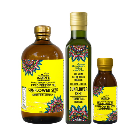 Three bottles of Macaotic World sunflower seed oil with colorful labels on a white background