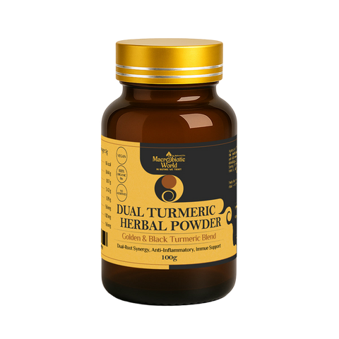 Brown glass jar with a gold lid labeled "Dual Turmeric Herbal Powder." The label highlights vegan, turmeric blend, anti-inflammatory, immune support.