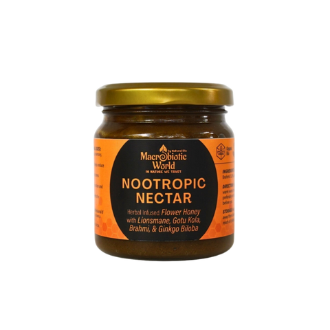 Jar of Nootropic Nectar with orange label on a white background
