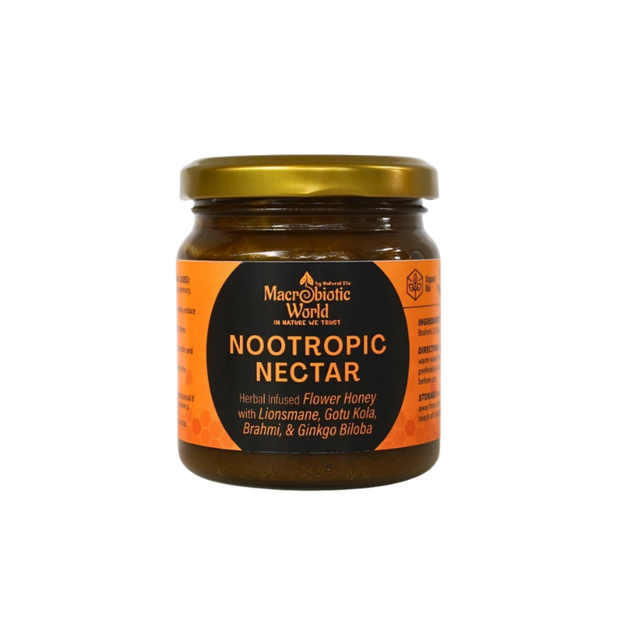 Jar of Nootropic Nectar with orange label on a white background