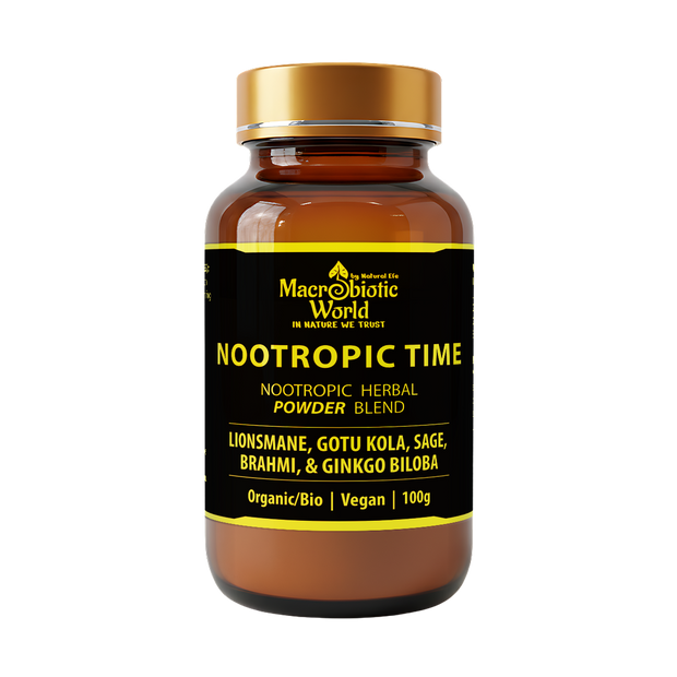 A brown bottle labeled "Nootropic Time" by Macrobiotic World on a black background. It highlights ingredients like Lionsmane and Ginkgo Biloba. Organic, vegan.