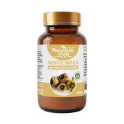 Bottle of Macrobiotic World White Maca superfood powder on a white background
