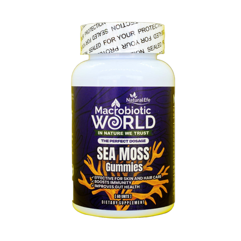 Bottle of Macrobiotic World Sea Moss Gummies on a white background