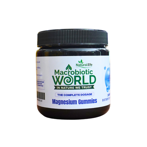 Jar of Macrobiotic World Magnesium Gummies on a white background