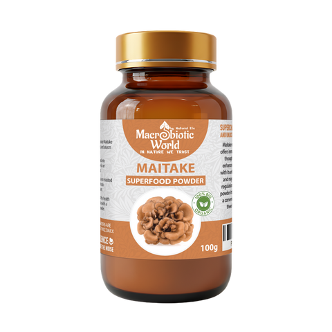Macrobiotic World Maitake superfood powder bottle on a white background