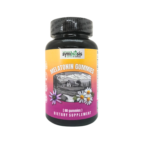 Bottle of Symbiosis Melatonin Gummies on a white background