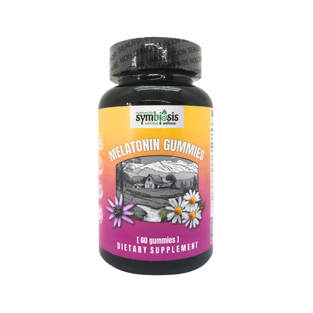 Bottle of Symbiosis Melatonin Gummies on a white background