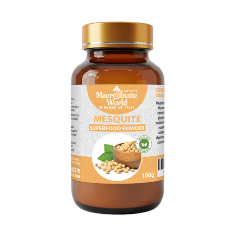 Bottle of Macrobiotic World Mesquite Superfood Powder on a white background