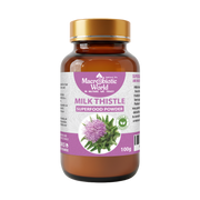 Bottle of Macrobiotic World Milk Thistle superfood powder with a purple label on a white background